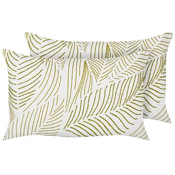 Set Of 2 Scatter Cushions White And Green Cotton 30 X 50 Cm Rectangular Handmade Throw Pillows Embroidered Leaves Pattern Flower Motif Removable Cover Beliani
