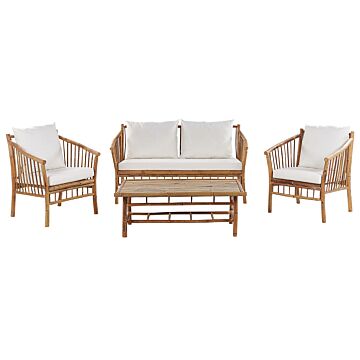 Garden Sofa Set Bamboo Wood White Cushions 4 Seater Modern Design Outdoor Conversation Set Beliani