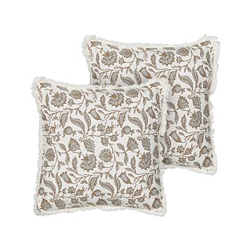 Set Of 2 Scatter Cushions White And Grey Cotton 45 X 45 Cm Square Handmade Throw Pillows Printed Floral Pattern Removable Cover Beliani