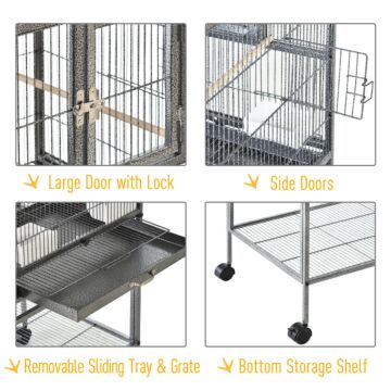 Pawhut Double Rolling Metal Bird Cage Parrot Cage With Removable Metal Tray, Storage Shelf, Wood Perch, And Food Container