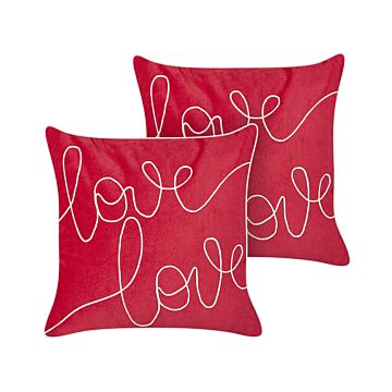 Set Of 2 Scatter Cushions Red Velvet Cotton 45 X 45 Cm Square Handmade Throw Pillows Embroidered Love Writing Removable Cover Beliani