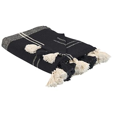 Throw Blanket Black Cotton 130 X 170 Cm Chequered Pattern Accessory With Decorative Tassels Handmade Beliani