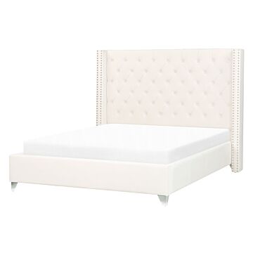 Slatted Bed Frame Off-white Velvet 4ft6 Eu Double Size Upholstered Tufted Headrest Nailhead Trim Glam Design Beliani