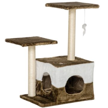 Pawhut Cat Tree Tower Kitten House Scratching Posts With Condo Perch Interactive Mouse Toy, 45 X 33 X 70 Cm, Brown