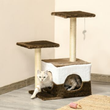 Pawhut Cat Scratching Post Cat Tree With Condo Perch Interactive Mouse Toy, 45 X 33 X 70 Cm, Brown