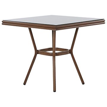 Garden Dining Table Dark Wood Aluminium Frame 80 X 80 Cm Tempered Glass Top Beliani