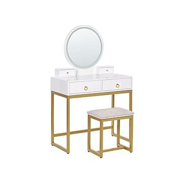 Dressing Table White And Gold Mdf 4 Drawers Led Mirror Stool Living Room Furniture Glam Design Beliani