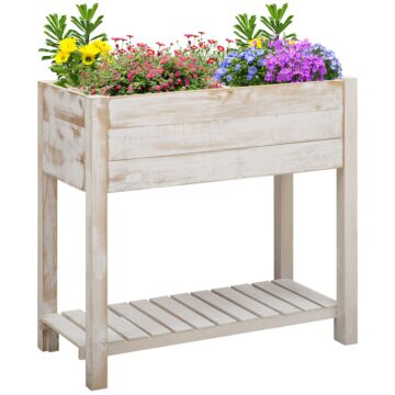 Outsunny Garden Wooden Planter Raised Garden Bed Elevated Grow Box With 2 Tiers, 4 Pockets For Vegetable Flower Herb Gardening Backyard Patio, White