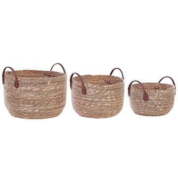Set Of 3 Storage Baskets Natural Seagrass With Pu Leather Handles Boho Style Beliani