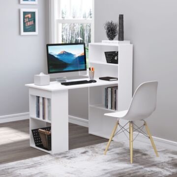 Homcom 120cm Modern Computer Desk Bookshelf Writing Table Workstation Pc Laptop Study Home Office 6 Shelves White