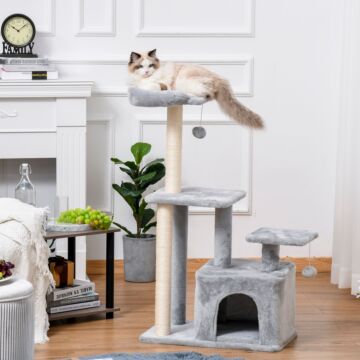 Pawhut Cat Tree Tower 114cm Climbing Activity Centre Kitten With Sisal Scratching Post Perch Hanging Ball Condo Toy Light Grey