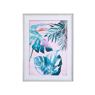 Framed Wall Art Blue And Pink Print On Paper 60 X 80 Cm Passe-partout Frame Botanical Theme Beliani