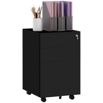 Vinsetto 3-drawer Vertical Filing Cabinet W/ Lock & Pencil Tray, Steel Mobile File Cabinet W/ Adjustable Hanging Bar For A4, Legal Size, Black