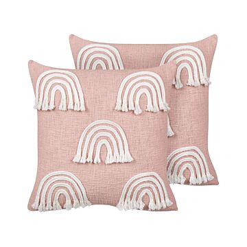 Set Of 2 Scatter Cushions Pink Cotton 45 X 45 Cm Throw Pillow Embroidered Rainbow Pattern Beliani