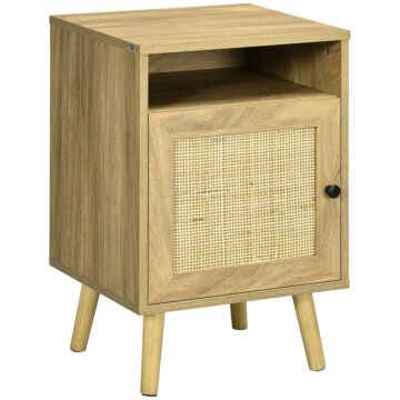 Homcom Bedside Table With Rattan Element, Side End Table With Shelf And Cupboard, 39cmx35cmx60cm, Natural