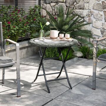 Outsunny Folding Round Tempered Glass Garden Table With Grey Rattan Edging