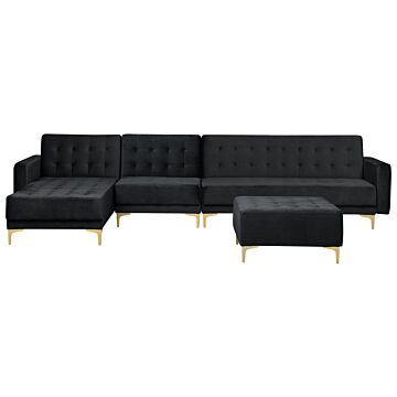 Corner Sofa Bed Black Velvet Tufted Fabric Modern L-shaped Modular 5 Seater With Ottoman Right Hand Chaise Longue Beliani