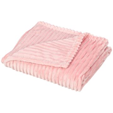Homcom Flannel Fleece Throw Blanket, Fluffy Warm Throw Blanket, Striped Reversible Travel Bedspread, Single Size, 152 X 128cm, Pink
