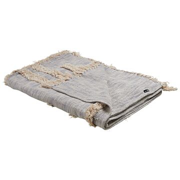 Blanket Grey And Beige Cotton 130 X 180 Cm Handmade Embrioidery Bed Throw Cosy Geometricpattern With Tassels Beliani