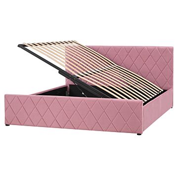Storage Bed Pink Velvet Upholstery Eu King Size 5ft3 With Slatted Base Diamond-tufted Headboard Beliani