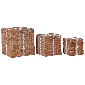 Storage Decorative Gift Boxes Brown Rattan Christmas Decor Set Of 3 Square Various Sizes Rustic Design Beliani
