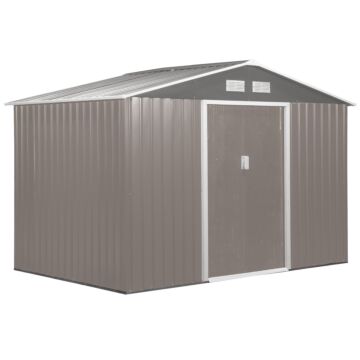 Outsunny 9 X 6 Ft Metal Garden Storage Shed Sloped Roof Tool House With Foundation Ventilation & Double Door, Grey