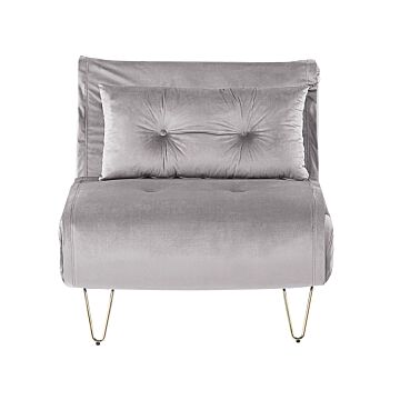 Small Sofa Bed Grey Velvet 1 Seater Fold-out Sleeper Armless With Cushion Metal Gold Legs Glamour Beliani