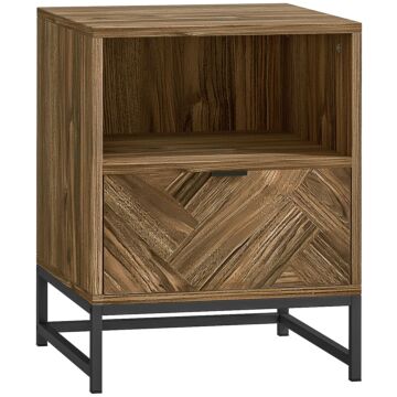 Homcom Bedside Table With Drawer And Shelf, Side End Table With Steel Legs For Living Room, Bedroom, Brown Wood Effect