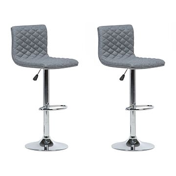 Set Of 2 Bar Stools Grey Fabric Seat Quilted Gas Lift Height Adjustable Swivel With Footrest Beliani