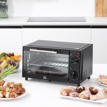 Homcom Convection Mini Oven, 9l Countertop Electric Grill, Toaster Oven With Adjustable Temperature, Timer, Baking Tray And Wire Rack, 750w