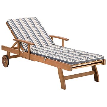 Garden Sun Lounger Light Acacia Wood With Blue And Beige Cushion Outdoor Weather Resistant Reclining With Wheels Beliani