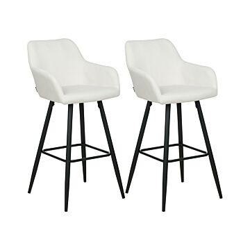 Set Of 2 Bar Stool Off-white Fabric Upholstered With Arms Backrest Black Metal Legs Beliani