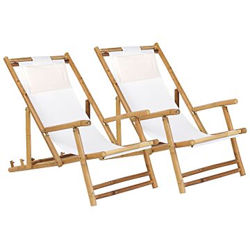 Set Of 2 Sun Loungers Natural Bamboo Beige Sling Folding Deck Chairs Balcony Furniture Beliani