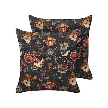 Set Of 2 Decorative Cushions Multicolour Cotton 45 X 45 Cm Velvet Flower Motif Modern Glamour Decor Beliani