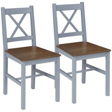 Homcom Dining Chairs Set Of 2, Pine Wood Kitchen Chairs With Cross Back, Solid Structure For Living Room And Dining Room, Grey