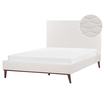 Eu Double Bed Off-white Velvet Fabric 4ft6 Upholstered Frame Headboard Honeycomb Quilted Modern Design Beliani