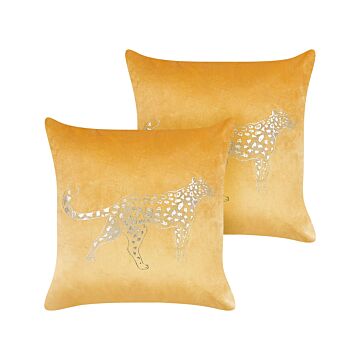 Set Of 2 Yellow Decorative Pillows Polyester 45 X 45 Cm Animal Pattern Modern Traditional Living Room Bedroom Cushions Beliani