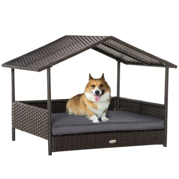 Pawhut Rattan Dog House, Elevated Wicker Pet Bed Lounge With Removable Cushion And Canopy, For Small And Medium Dogs, 98 X 69 X 73cm - Grey