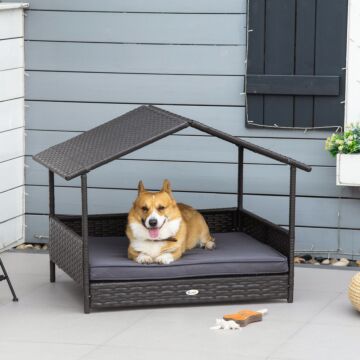 Pawhut Rattan Dog House, Elevated Wicker Pet Bed Lounge With Removable Cushion And Canopy, For Small And Medium Dogs, 98 X 69 X 73cm - Grey