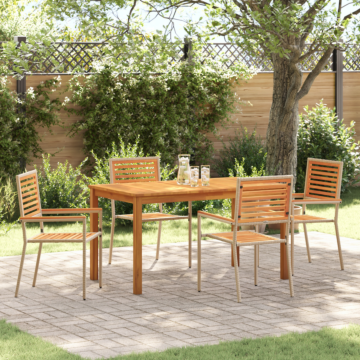 Vidaxl 5 Piece Garden Dining Set Beige Poly Rattan Acacia, Vidaxl Stacking Garden Chairs With Cushions - Set Of 2 In Beige Poly Rattan