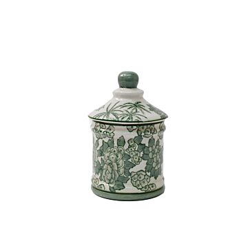 Ceramic Green Parrot Palm Willow Urn Jar With Lid 16cm