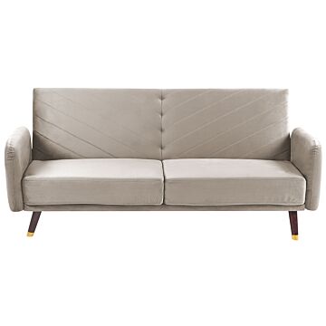 Sofa Bed Taupe Velvet Fabric Modern Living Room 3 Seater Wooden Legs Track Arm Beliani
