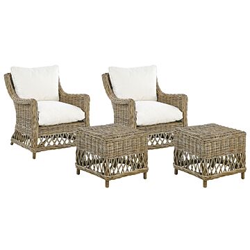 Set Of 2 Garden Armchairs Natural Rattan With Footrest Cotton Seat Back Cushions Off-white Indoor Outdoor Beliani