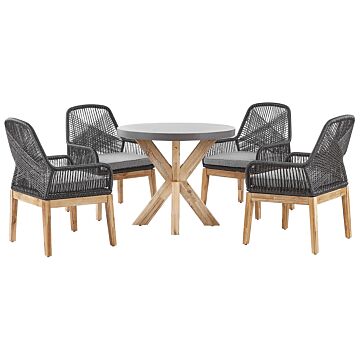 Outdoor Dining Set Grey Light Wood Fibre Cement For 4 People Round Table With Black Chairs Modern Design Beliani