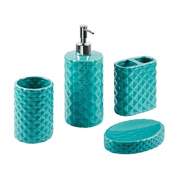 Bathroom Accessories Set Turquoise Dolomite Modern Soap Dispenser Soap Dish Toothbrush Holder Container Tumbler Beliani
