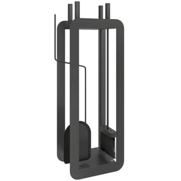 Outsunny 5 Pieces Fireplace Companion Set, Metal Fireplace Accessories Fireside Companion Set With Brush, Shovel, Poker, A Pair Of Tongs, Stand, Black