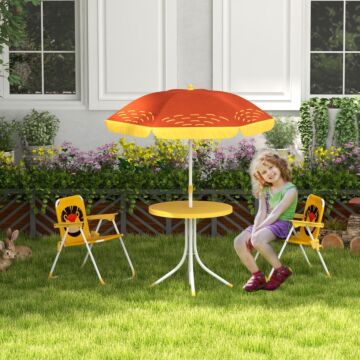 Outsunny Kids Picnic Table And Chair Set Lion Themed Outdoor Garden Furniture W/ Foldable Chairs, Adjustable Parasol - Yellow