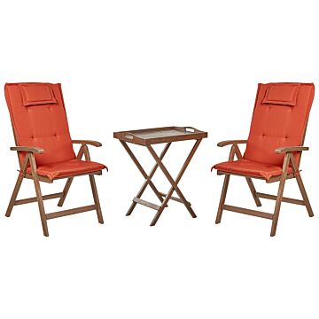 Garden Bistro Set Dark Solid Acacia Wood With Red Cushions Table 2 Chairs Adjustable Backrest Folding Rustic Style Balcony Furniture Beliani