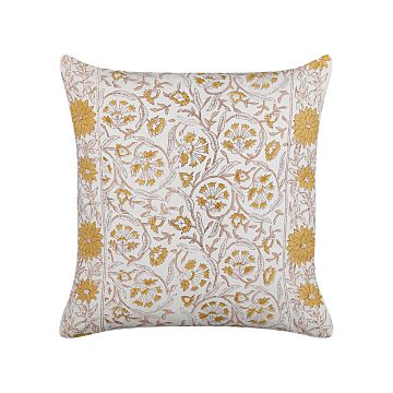 Scatter Cushion White And Yellow Cotton 45 X 45 Cm Floral Pattern Handmade Removable Cover With Filling Boho Style Beliani