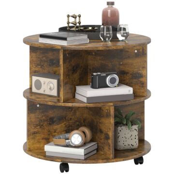 Homcom Round Coffee Table With Wheels, 3-tier Rolling Side Table For Living Room With Divided Shelves, Rustic Brown